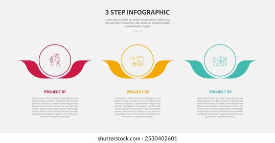 3 Punkte Vorlage Infografik Umrissstil mit 3-Punkt-Schritt-Vorlage mit großem Kreis und Blumenblatt Zubehör unten für Folie Präsentation Vektor