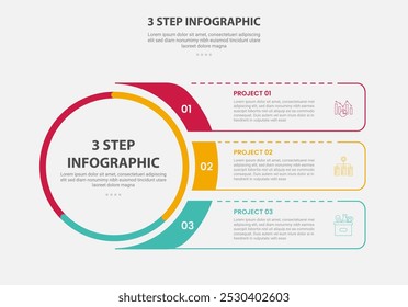 modelo de 3 pontos estilo de contorno infográfico com modelo de passo de 3 pontos com grande círculo e contêiner de caixa de retângulo fluido para vetor de apresentação de slide