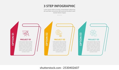 3 points template infographic outline style with 3 point step template with creative table with sharp vertical header for slide presentation vector