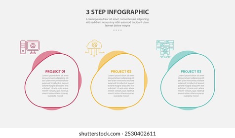 Estilo de esquema de infografía de Plantilla de 3 puntos con Plantilla de paso de 3 puntos con círculo fluido en dirección Horizontal para el Vector de presentación de diapositivas