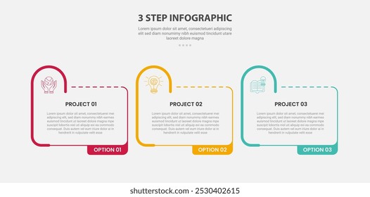 3 points template infographic outline style with 3 point step template with creative table box with half circle round on header for slide presentation vector