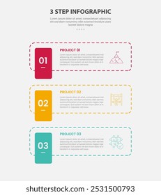 modelo de 3 pontos estilo de contorno infográfico com modelo de passo de 3 pontos com retângulo de linha pontilhada com emblema vertical para vetor de apresentação de slide