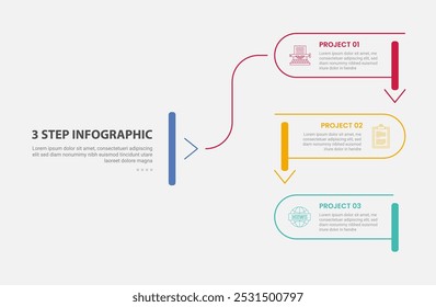modelo de 3 pontos estilo de contorno infográfico com modelo de passo de 3 pontos com linha de retângulo arredondado com fatia e direção inferior de seta para o vetor de apresentação de slide