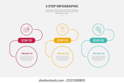 Estilo de esquema de infografía de Plantilla de 3 puntos con Plantilla de paso de 3 puntos con circular creativo superior e inferior con diseño de dirección Horizontal para Vector de presentación de diapositivas
