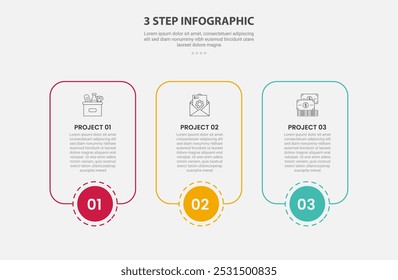 Estilo de esquema de infografía de Plantilla de 3 puntos con Plantilla de paso de 3 puntos con caja de contenedor de rectángulo redondo con centro circular en la parte inferior para Vector de presentación de diapositivas