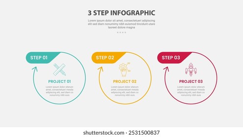 3 points template infographic outline style with 3 point step template with big circle with arrow edge and header badge on top for slide presentation vector
