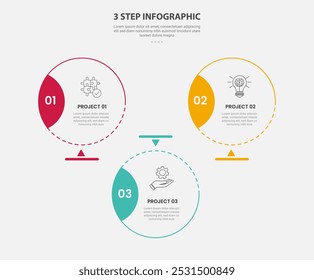3 points template infographic outline style with 3 point step template with big circle with badge on side with triangle structure for slide presentation vector