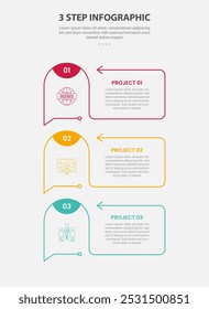 Estilo de esquema de infografía de Plantilla de 3 puntos con Plantilla de paso de 3 puntos con contenedor de caja creativa con borde redondo y línea de flecha para el Vector de presentación de diapositivas