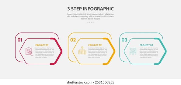 Estilo de esquema de infografía de Plantilla de 3 puntos con Plantilla de paso de 3 puntos con caja de hexágono creativo en dirección Horizontal para Vector de presentación de diapositivas