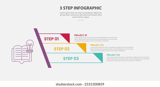 Estilo de esquema de infografía de Plantilla de 3 puntos con Plantilla de paso de 3 puntos con escalera rectangular afilada con borde triangular para Vector de presentación de diapositivas