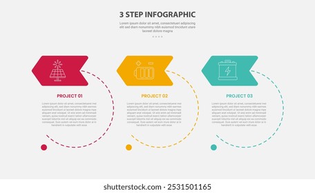 3 pontos modelo infográfico estilo de contorno com 3 ponto passo modelo com círculo grande linha pontilhada com emblema de cabeçalho de seta para apresentação de slide