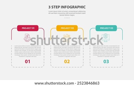 3 points template infographic outline style with 3 point stage or step template with slice table box container with dotted line for slide presentation vector