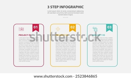 3 points template infographic outline style with 3 point stage or step template with round container table with bookmark header for slide presentation vector