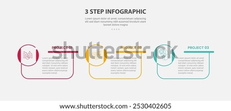 3 points template infographic outline style with 3 point step template with creative box container with circle icon on edge for slide presentation vector