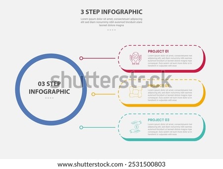 3 points template infographic outline style with 3 point step template with big circle and round rectangle container stack line connection for slide presentation vector