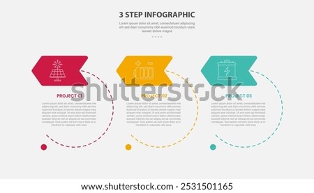 3 points template infographic outline style with 3 point step template with big circle dotted line with arrow header badge for slide presentation