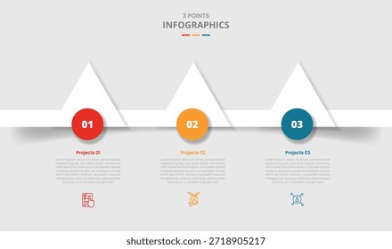 Infografía de Plantilla de 3 puntos con dirección superior triangular e insignia circular en la parte inferior con estilo de sombra paralela con Vector de información de lista de tres etapas