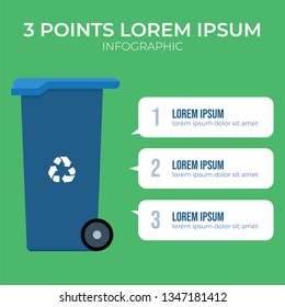 3 points with wheeled trash can illustration, infographic element vector, can be used for describing how to reduce waste or garbage, the proccess of waste treatment, types of garbage.
