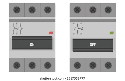 3 pole miniature circuit breaker electrical device for DIN rail mounting. Vector image for electric illustrations or control schemas. Flat style