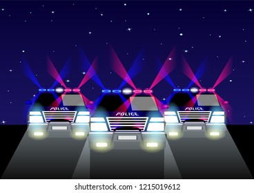 3 police off-road cars with signal lights on the road at night, against the starry sky. Vector Illustration