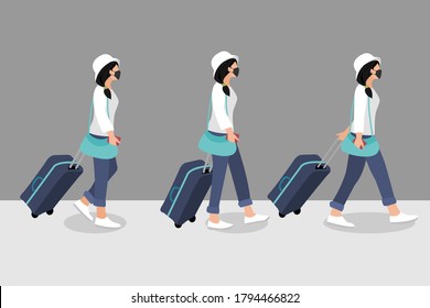 3 Pose Asian Female traveler wearing face mask and walking with luggage. Side view flat vector illustration.