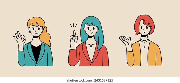 3 pose set illustration of an office worker with OK, explanation, and guidance gestures