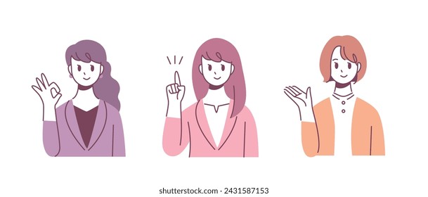 3 pose set illustration of an office worker with OK, explanation, and guidance gestures