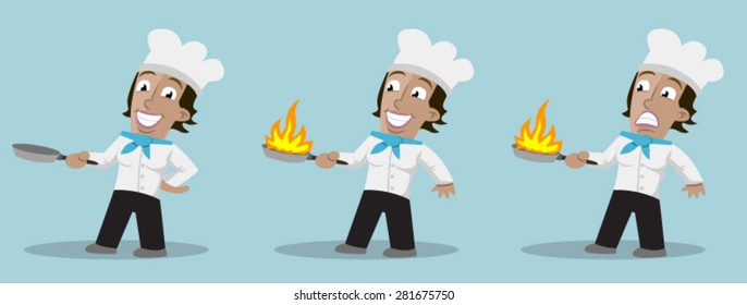 3 poses of a female chef holding a frying pan.