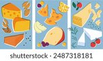 A 3 poster collection of delicious cheeses, paired with nuts, fruits, and herbs.