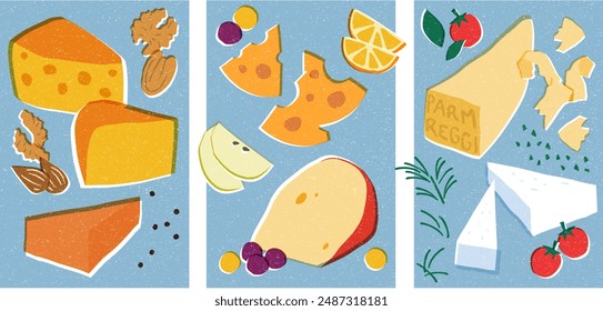 A 3 poster collection of delicious cheeses, paired with nuts, fruits, and herbs.