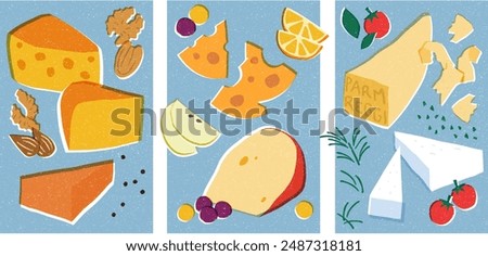 A 3 poster collection of delicious cheeses, paired with nuts, fruits, and herbs.