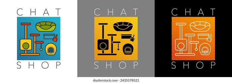 3 posters with a series of pictograms of objects for the comfort of cats, drawn in color, in black silhouette or in white outline - translation: cat.