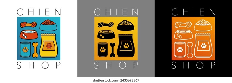 3 posters with a series of pictograms on the theme of dog food, drawn in color, in black silhouette or in white outline - translation: dog.