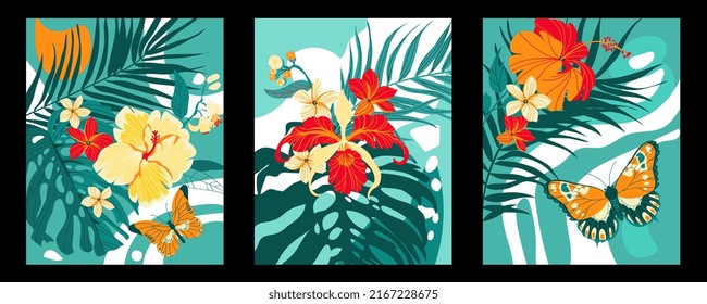 3 posters with tropical flowers
