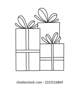 3 presents stacked in a Pile, different gift boxes, decorated with wrapping paper, ribbon, bows. Three gifts for holiday, birthday. Hand drawn outline doodle, simple vector illustration isolated on