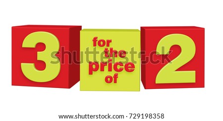 3 for the price of 2. Vector illustration of super offer for three items for the price of two on red and yellow cubes. English volumetric text.