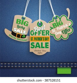 3 price stickers on the jeans background for St. Patrick's Day Sale. 10 vector file.