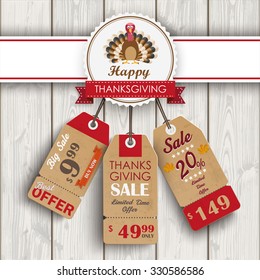 3 price stickers with thanksgiving emblem, turkey on wooden background. Eps 10 vector file.