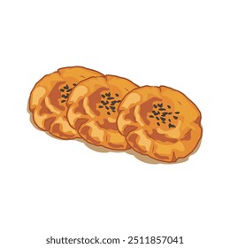 3 prices of Chinese pumpkin cake,Traditional Crispy Chinese pumpkin cake dessert for holiday, deep fried recipe, yellow snack with black sesames on top  Authentic Asian cuisine vector illustration.  