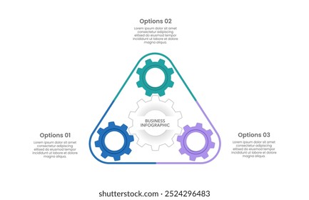 3 design de engrenagens infográficas de processo. Apresentação de negócios, diagrama, sistema, relatório, estratégia e planejamento. Ilustração vetorial.