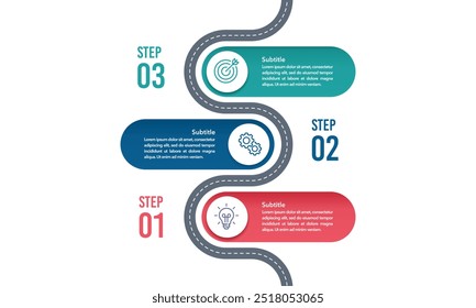 3 Process Infographic Roadmap Design Template. Milestone, Timeline, Steps and Option to success. Vector illustration.