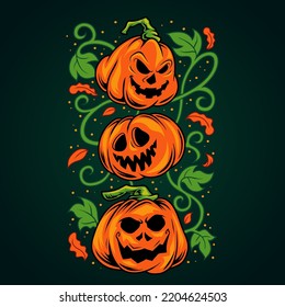 3 pumpkin head halloween vector illustration