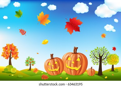 3 Calabazas En El Fondo Del Otoño, Ilustración Vectorial