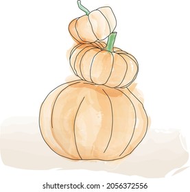 3 pumpkins stacked on top of each other. from the largest to the smallest. watercolor drawing, vector illustration