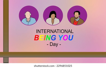 3 purple circles with pictures of various people in them, with a light pink background and a brown frame on the left and bold text. commemorate INTERNATIONAL BEING YOU DAY MAY 22