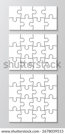 3 Puzzle grids infographics collection. Puzzles with 8, 12, 16 pieces. Jigsaw business chain infographic. Process diagram presentation. Business info graphic with steps, parts. Vector illustration