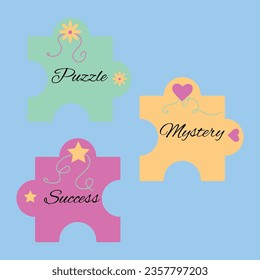 3 puzzles: green, pink, yellow. Success, mystery, puzzle. Vector illustration EPS10