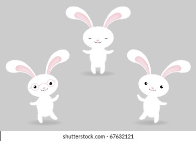 3 Rabbits In Different Poses, Isolated On White Background, Vector Illustration