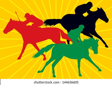 3 racing horses in action with jockeys, vector drawings of in colorful silhouettes with background of yellow sun rays