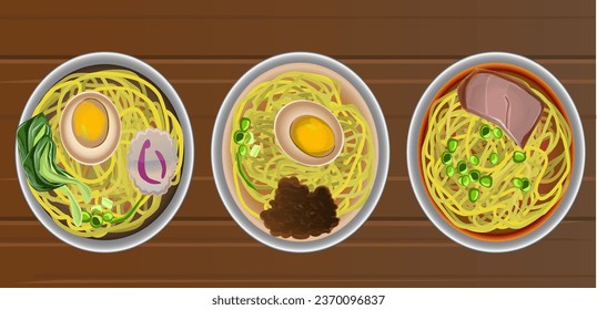 3 ramen noodles with wooden table. poster background